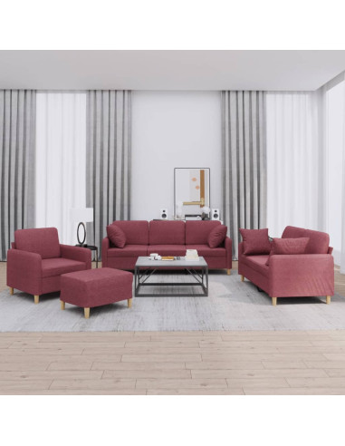 Set di Divani 4 pz con Cuscini Rosso Vino in Tessuto