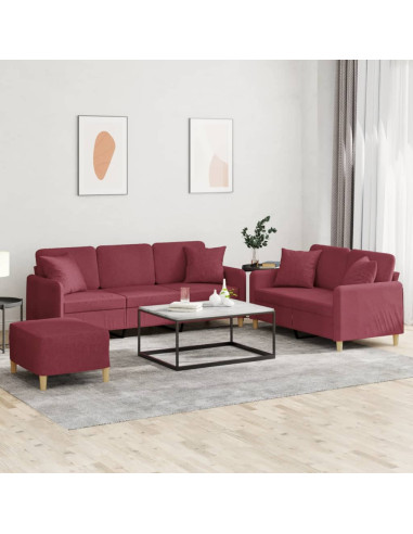 Set di Divani 3 pz con Cuscini Rosso Vino in Tessuto