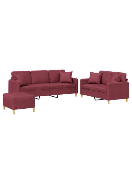 Set di Divani 3 pz con Cuscini Rosso Vino in Tessuto