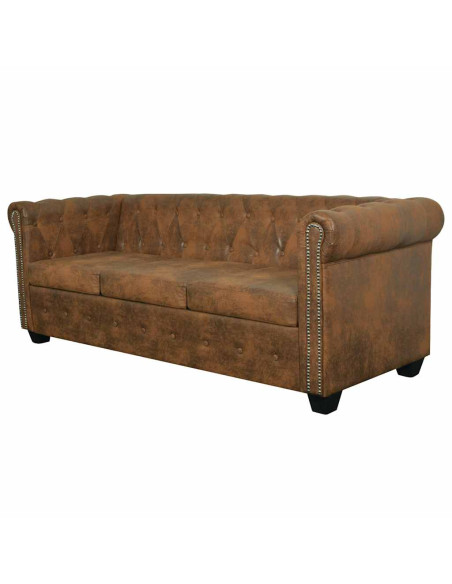Divano Chesterfield 3 Posti in Pelle Sintetica Marrone