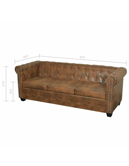 Divano Chesterfield 3 Posti in Pelle Sintetica Marrone