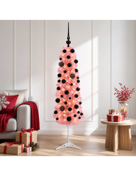 Albero di Natale artificiale sottile con palline 150 cm 150 LED