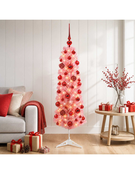Albero di Natale artificiale sottile con palline 150 cm 150 LED