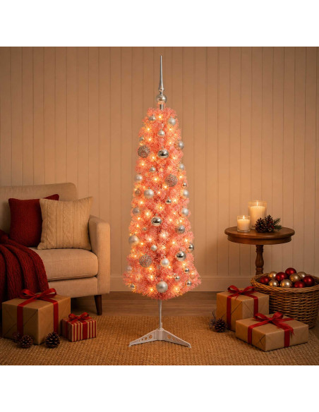 Albero di Natale Artificiale Slim con Palline 150 cm 150 LED