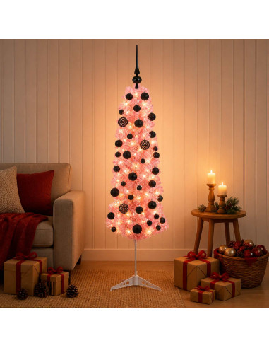 Albero di Natale artificiale sottile con palline 150 cm 150 LED