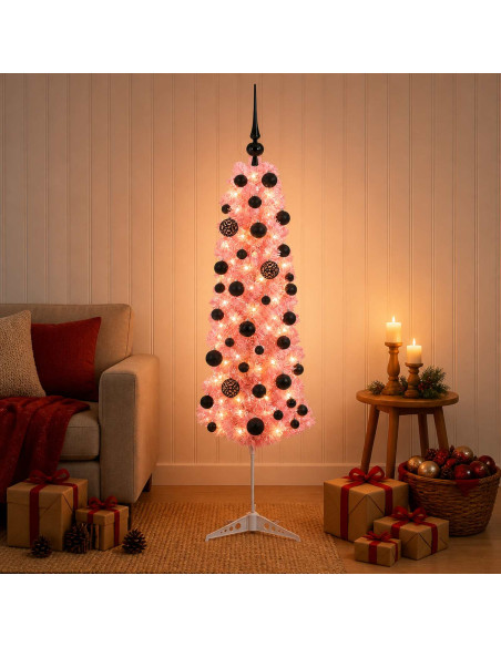 Albero di Natale artificiale sottile con palline 150 cm 150 LED