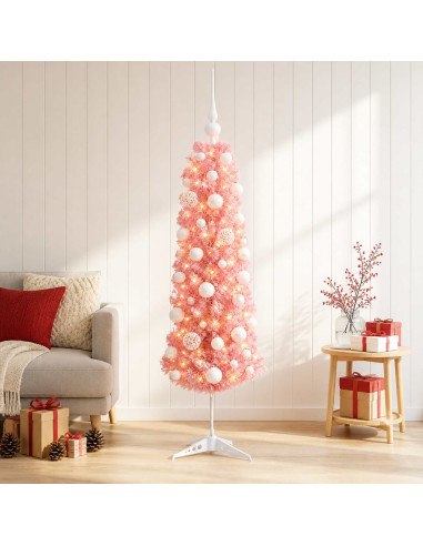 Albero di Natale Artificiale Sottile con Palline 150 cm 150 LED