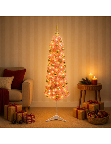 Albero di Natale Artificiale Slim con Palline 150 cm 150 LED
