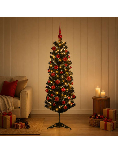 Albero di Natale Artificiale Slim con Palline 150 cm 150 LED