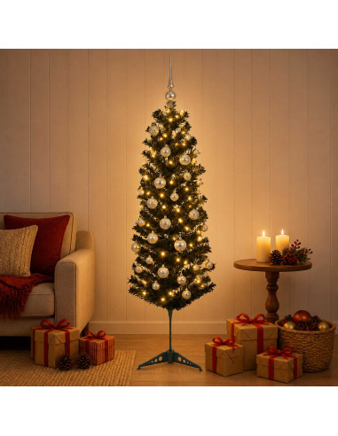 Albero di Natale Artificiale Slim con Palline 150 cm 150 LED