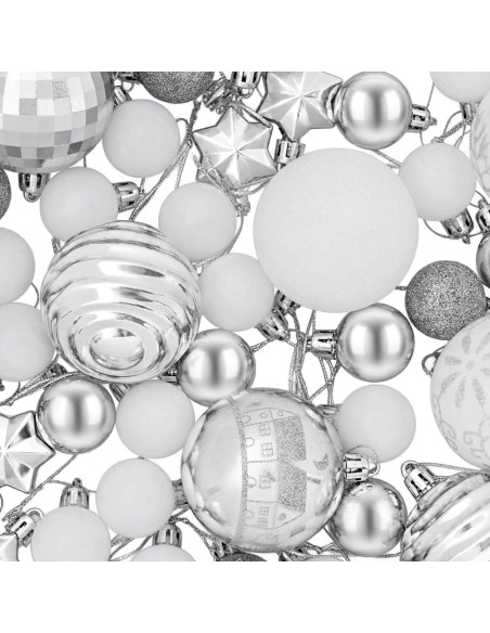 Set di Palline di Natale 88 pz argento e bianco Ø 6 cm Plastica