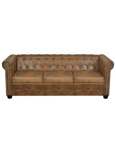 Divano Chesterfield 3 Posti in Pelle Sintetica Marrone