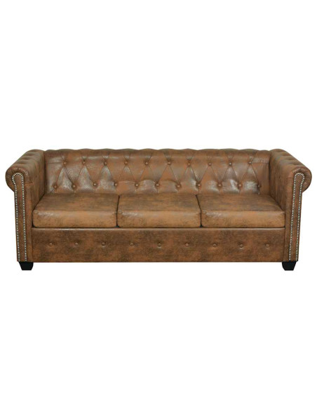 Divano Chesterfield 3 Posti in Pelle Sintetica Marrone
