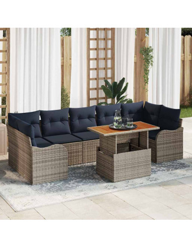 Set Divano da Giardino 8 pz Grigio e Blu Navy polyrattan