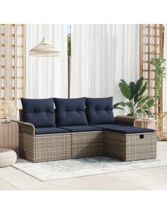 Set Divano da Giardino 4 pz Grigio e Blu Navy polyrattan