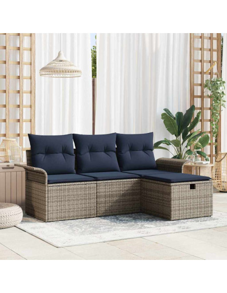 Set Divano da Giardino 4 pz Grigio e Blu Navy polyrattan
