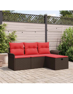 Set Divano da Giardino 4 pz Marrone e Rosso polyrattan