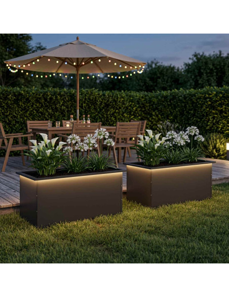 Fioriera da giardino con LED 2 pz Nero 50 x 80 x 48 cm Acciaio
