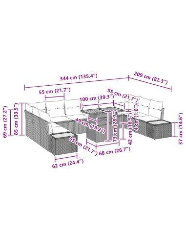 Set Divano da Giardino 11 pz Nero polyrattan
