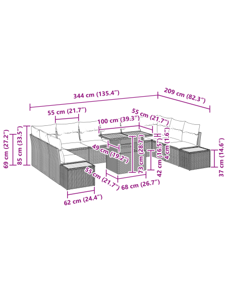 Set Divano da Giardino 11 pz Nero polyrattan