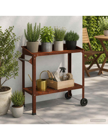 Tavolo da Vaso con Ruote Ruggine 96 x 50 x 89 cm Acciaio Corten