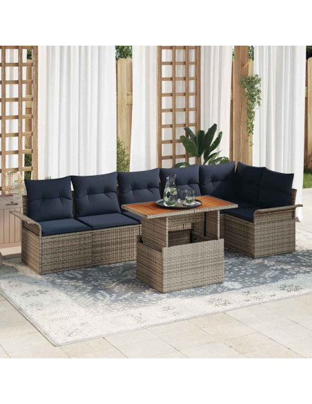 Set Divano da Giardino 7 pz Grigio e Blu Navy polyrattan