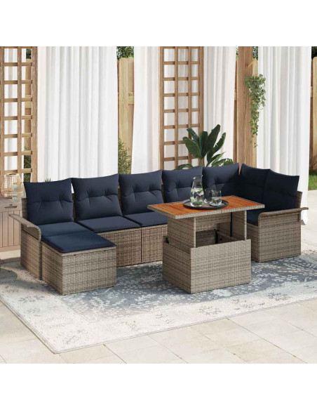 Set Divano da Giardino 8 pz Grigio e Blu Navy polyrattan