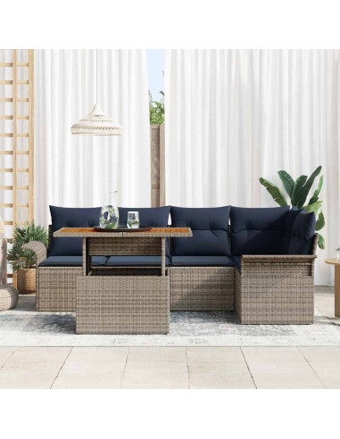 Set Divano da Giardino 6 pz Grigio e Blu Navy polyrattan