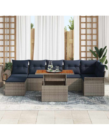 Set Divano da Giardino 8 pz Grigio e Blu Navy polyrattan