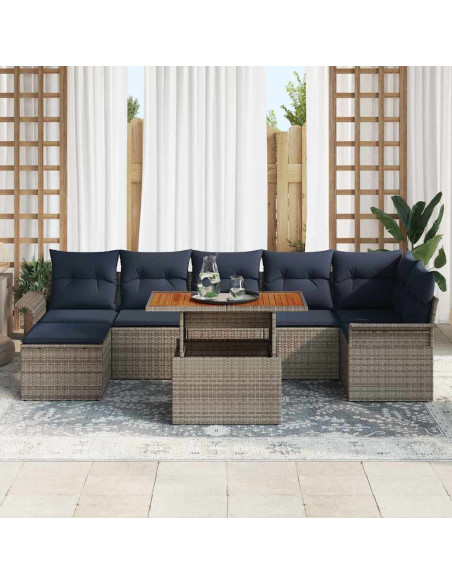 Set Divano da Giardino 8 pz Grigio e Blu Navy polyrattan