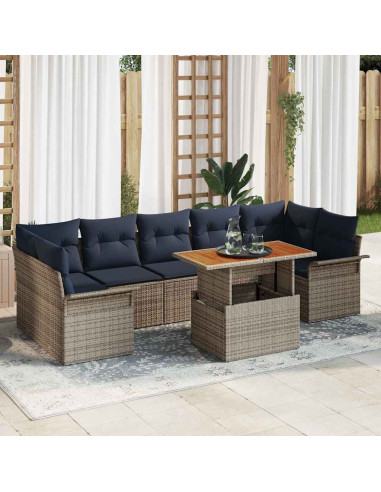 Set Divano da Giardino 8 pz Grigio e Blu Navy polyrattan
