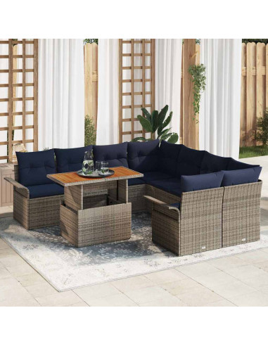 Set Divano da Giardino 9 pz Grigio e Blu Navy polyrattan