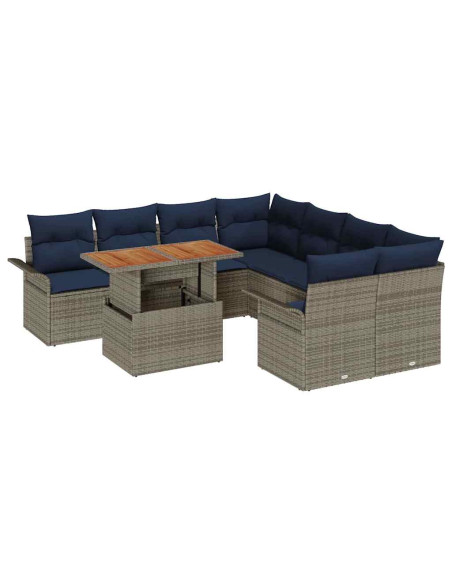 Set Divano da Giardino 9 pz Grigio e Blu Navy polyrattan