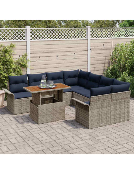 Set Divano da Giardino 9 pz Grigio e Blu Navy polyrattan