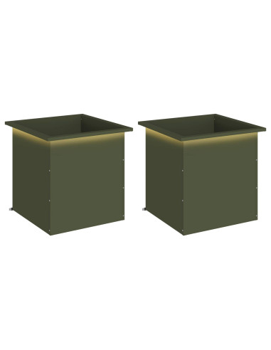 Fioriera da giardino con LED 2 pz Verde Oliva 50 x 50 x 48 cm