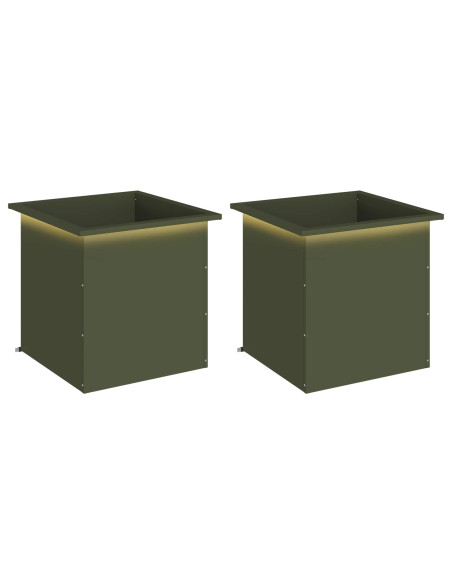 Fioriera da giardino con LED 2 pz Verde Oliva 50 x 50 x 48 cm
