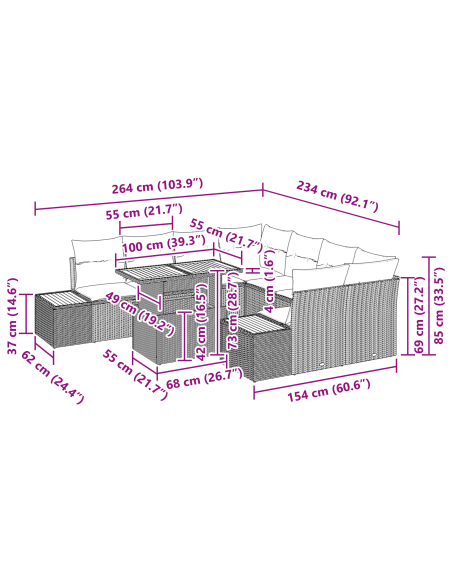 Set Divano da Giardino 9 pz Nero polyrattan