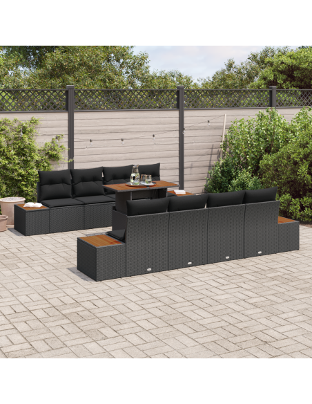 Set Divano da Giardino 9 pz Nero polyrattan