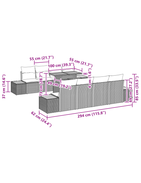 Set Divano da Giardino 9 pz Nero polyrattan