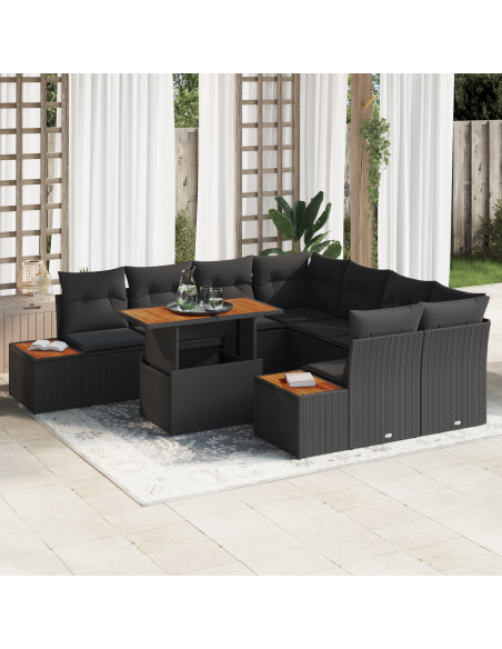 Set Divano da Giardino 9 pz Nero polyrattan