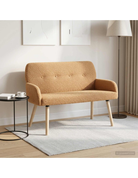 Divano a 2 Posti con Gambe in Legno Massello Beige Bouclé
