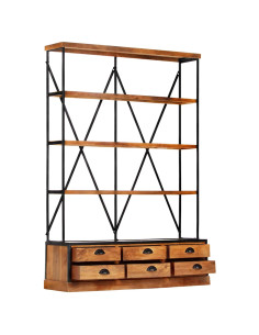 Libreria a 4 Ripiani 6 Cassetti 122x36x181cm Massello di Mango
