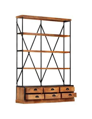 Libreria a 4 Ripiani 6 Cassetti 122x36x181cm Massello di Mango