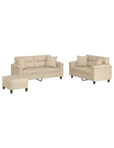 Set Divani 3 pz con Cuscini Crema in Tessuto Microfibra