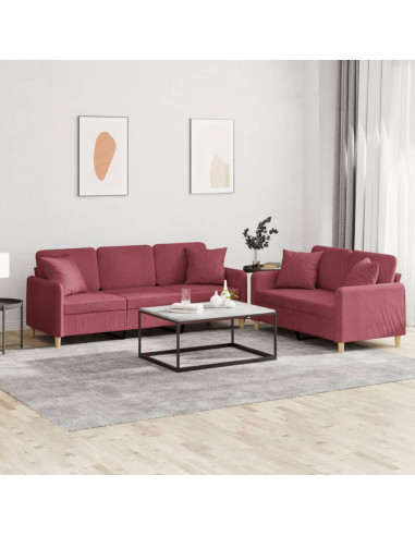 Set di Divani 2 pz con Cuscini Rosso Vino in Tessuto