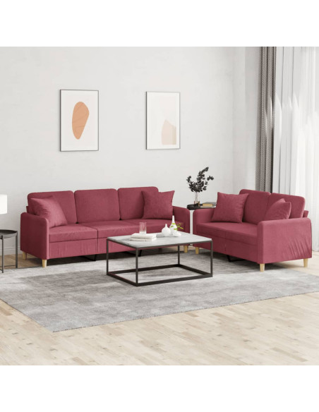Set di Divani 2 pz con Cuscini Rosso Vino in Tessuto