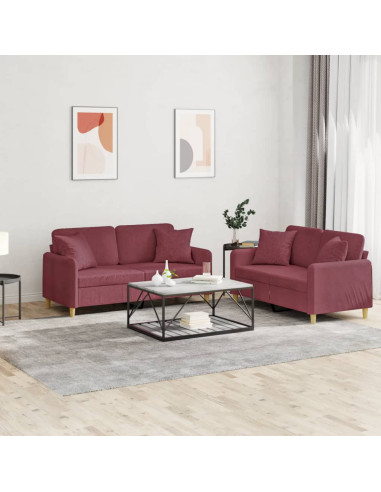 Set di Divani 2 pz con Cuscini Rosso Vino in Tessuto