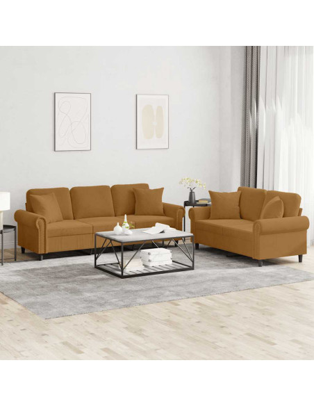 Set di Divani 2 pz con Cuscini Marrone in Velluto