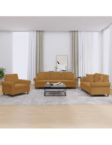 Set di Divani 3 pz con Cuscini Marrone in Velluto
