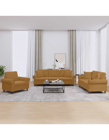 Set di Divani 3 pz con Cuscini Marrone in Velluto